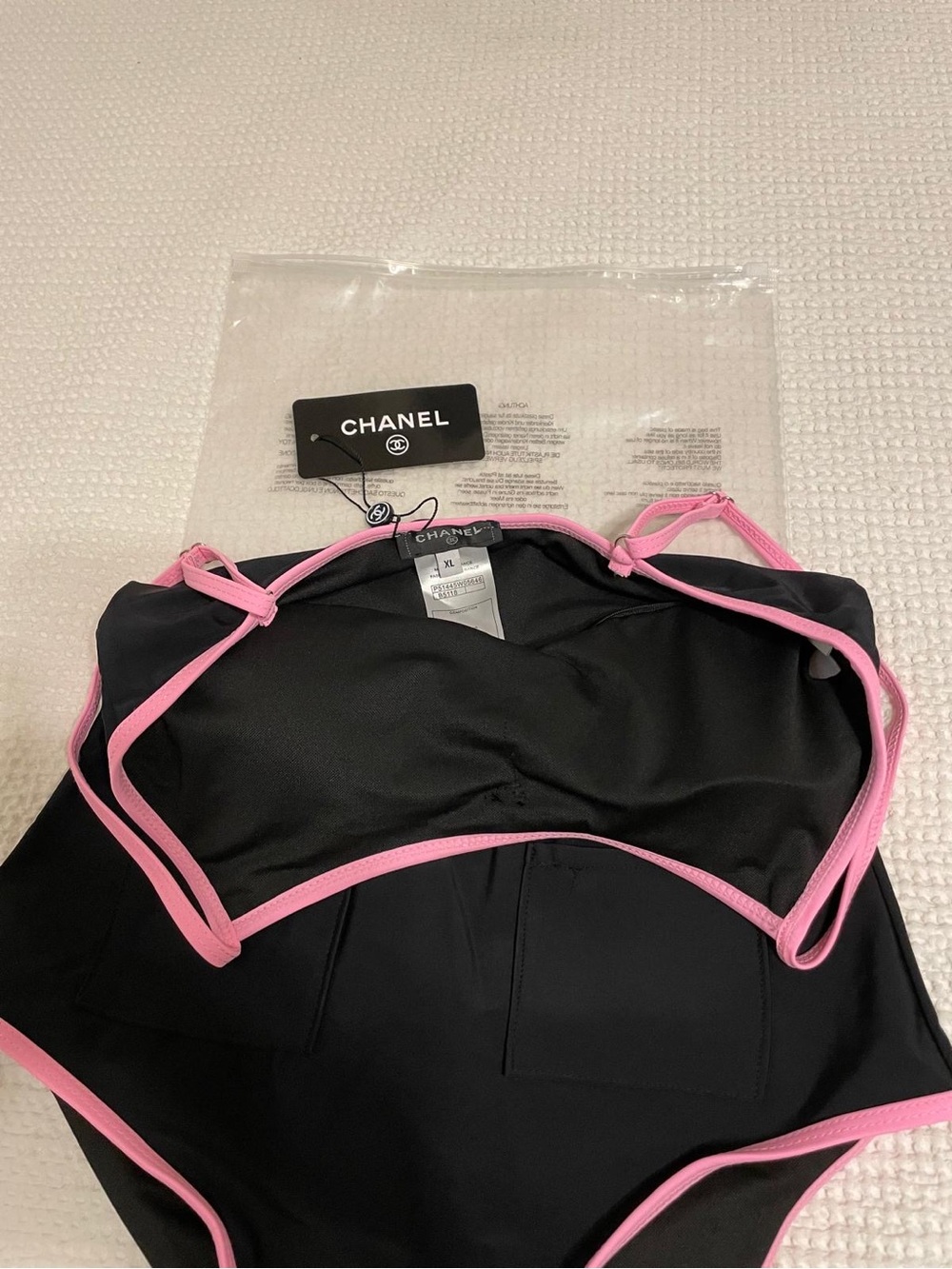 CHANEL Black Bandeau Swimsuit with Pink Trim